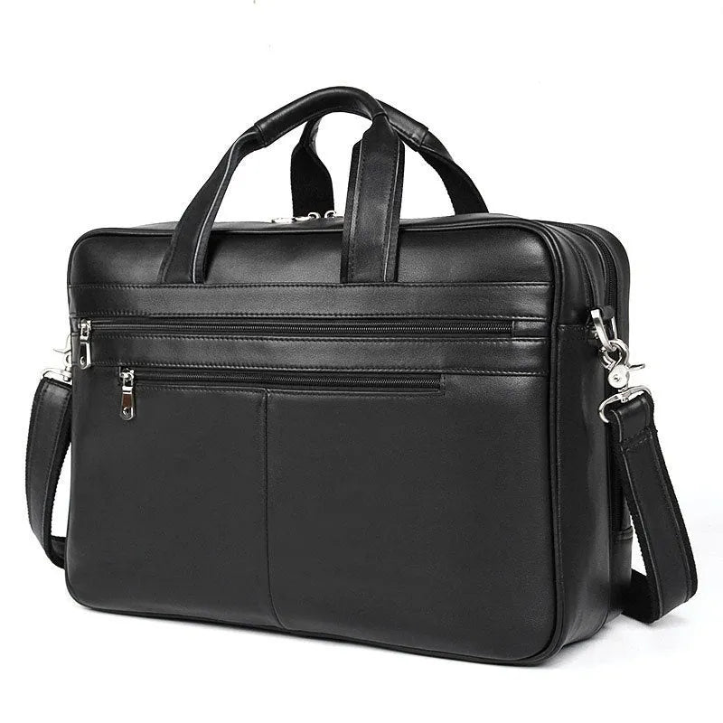 Genuine Nappa leather handbag briefcase for men, solid black, business travel bag