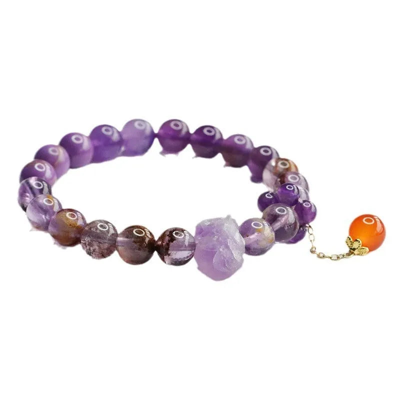 Nine purple fire amethyst and red agate Mori style bracelet with 8mm beads on adjustable cord.