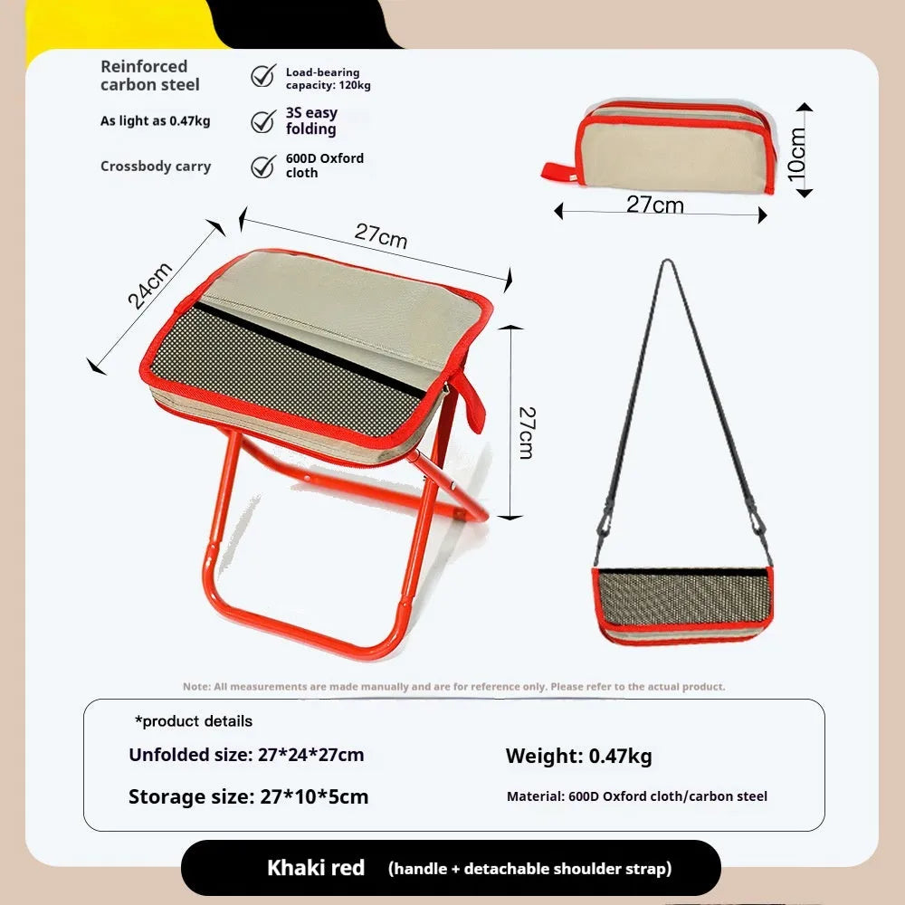Lightweight foldable outdoor camp stool in khaki colour, shown in folded and unfolded positions.