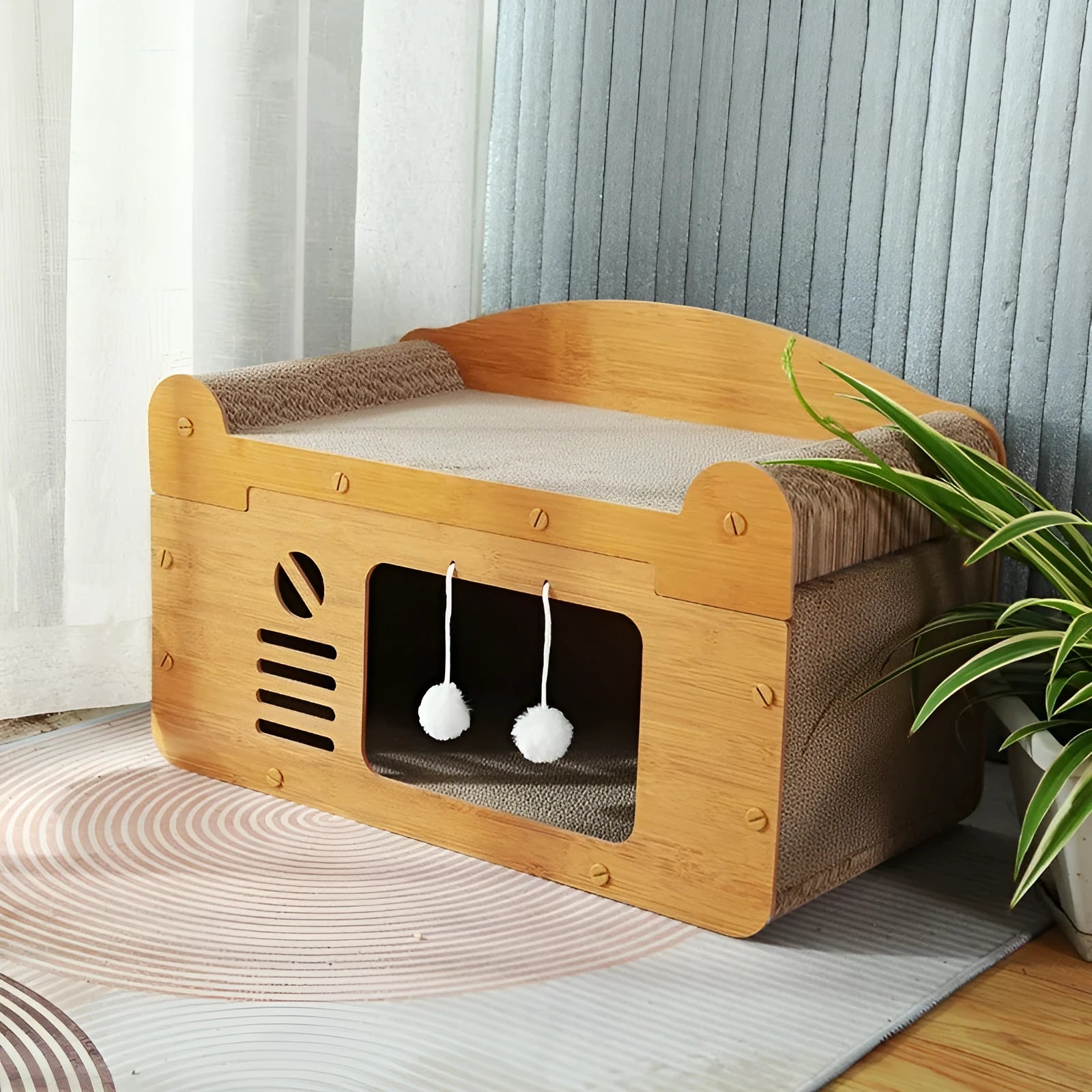 Corrugated paper double layer cat house with double ball design and two entrances
