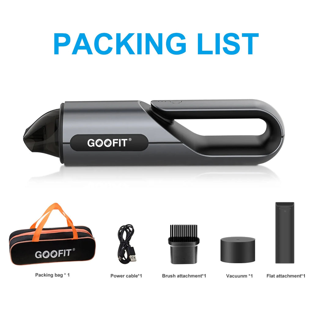 Black portable wireless handheld car vacuum cleaner with brush and flat attachments for vehicle interiors