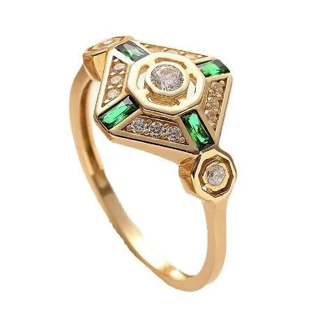 Women's geometric square ring with green zircon stones in Ins style design