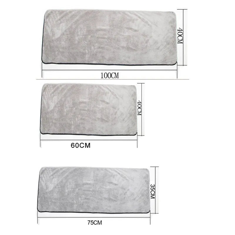 Microfiber car wash towel shown in three size options for vehicle cleaning