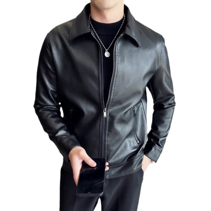 Men's black loose-fit casual PU leather jacket with zip pockets.