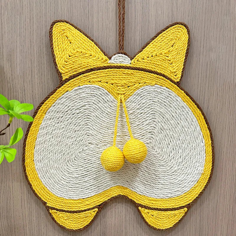 Yellow Corgi design cat scratcher pad with natural sisal surface on anti-slip base
