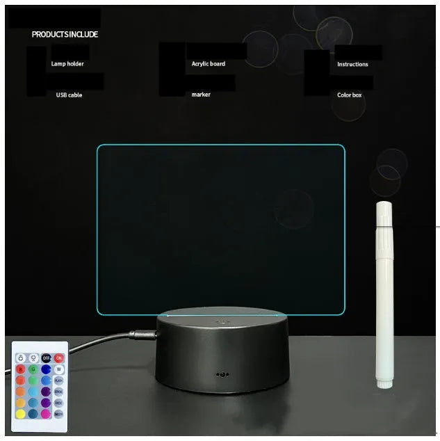 3D acrylic message board light with coloured illumination and handwritten text on surface