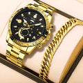 Gold men's stainless steel business wristwatch with calendar display on a metal strap.