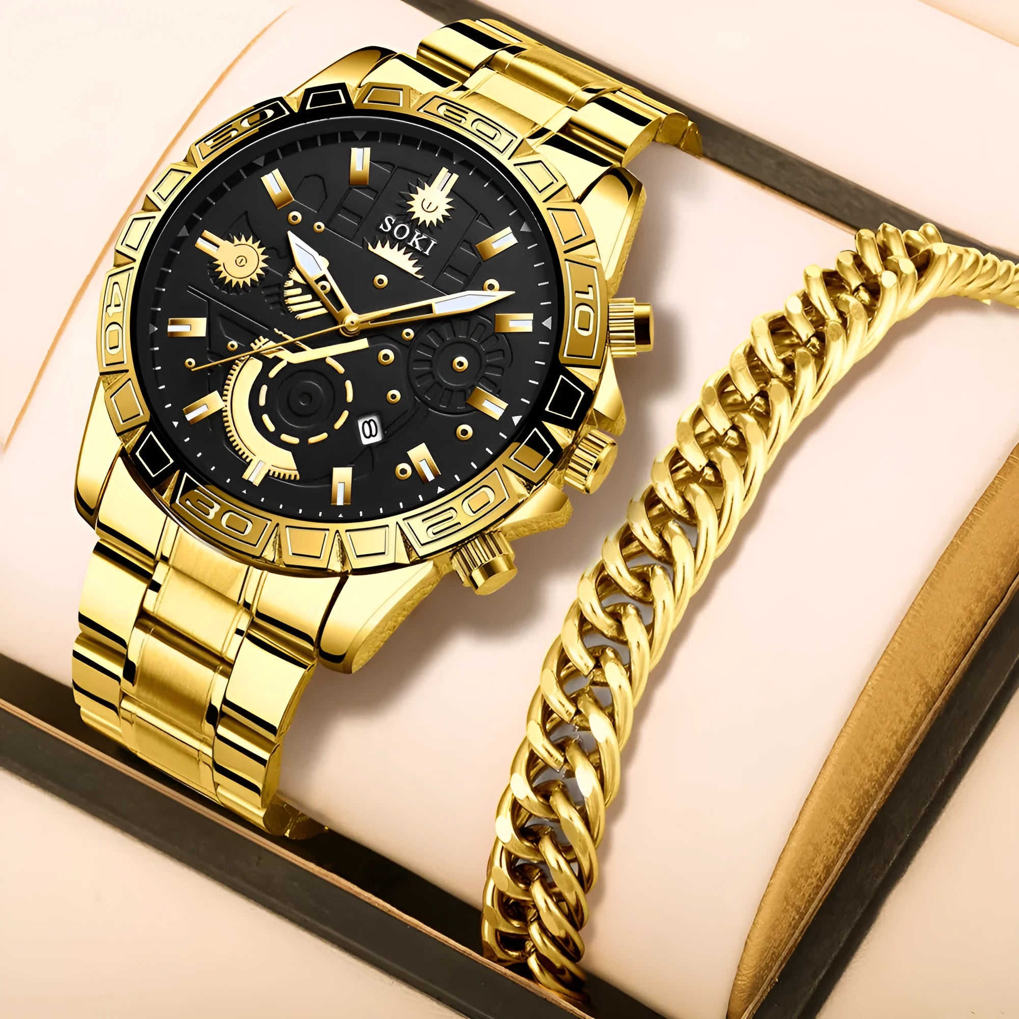 Gold men's stainless steel business wristwatch with calendar display on a metal strap.