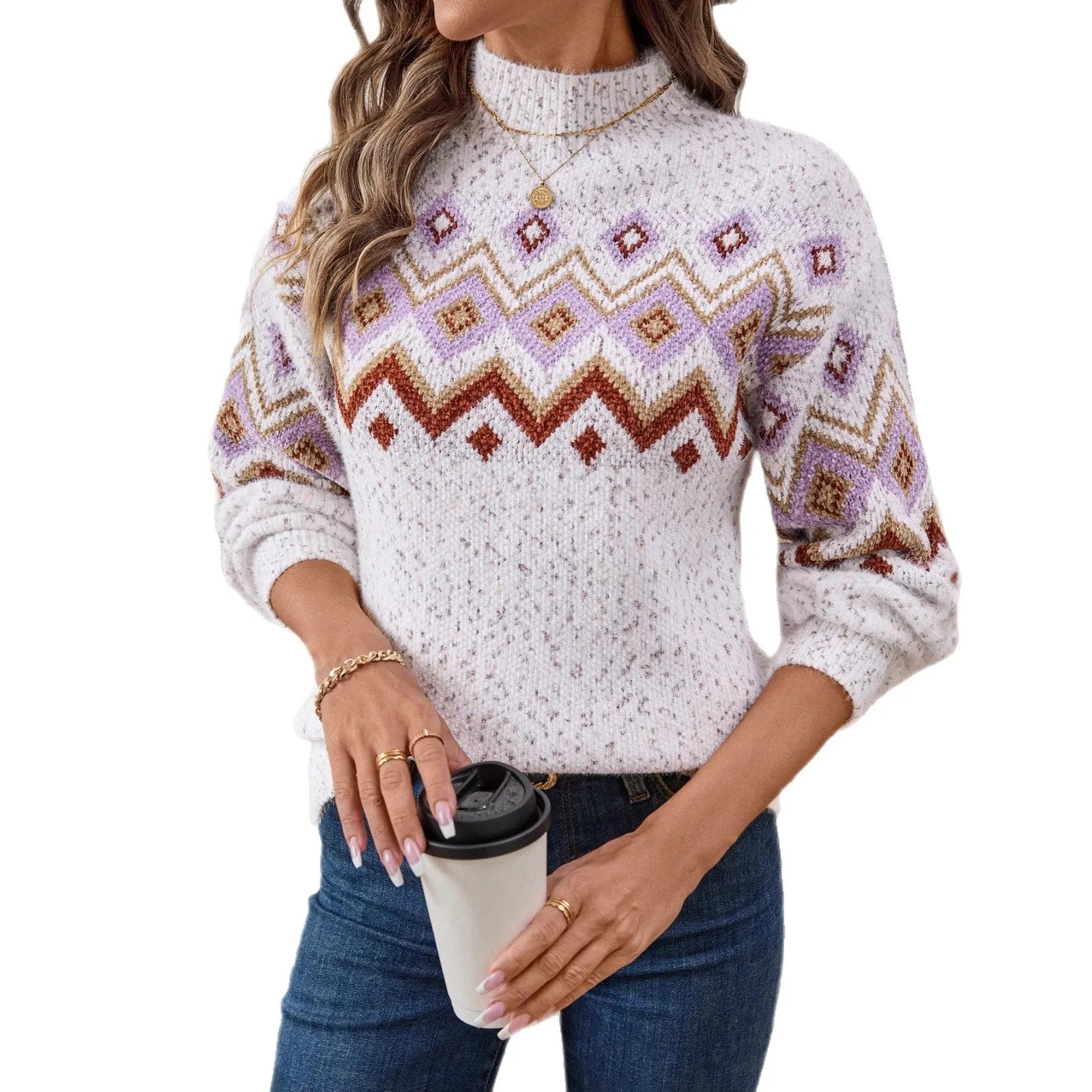 White loose-fit half turtleneck jumper with geometric jacquard pattern and long sleeves.