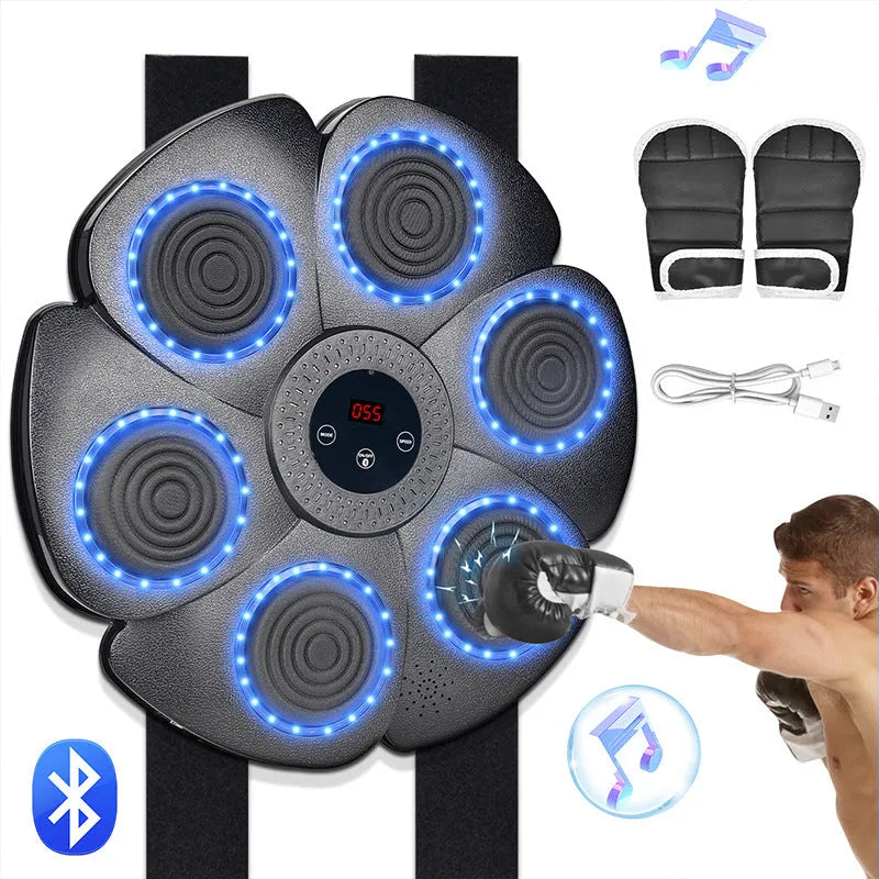 Black smart boxing machine wall target with LED lights and half-finger gloves