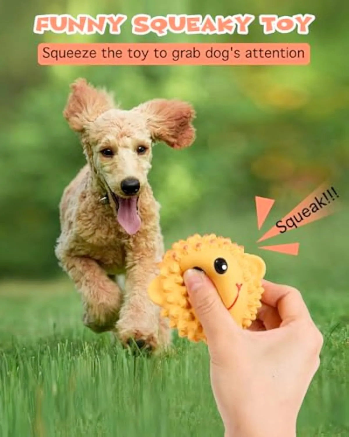 Orange and yellow spiky latex squeaky dog toy shaped like an animal, shown next to a tennis ball for size comparison.