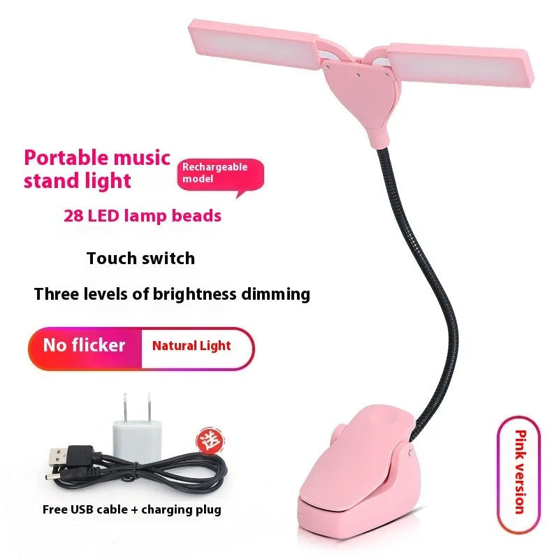 Black rechargeable music stand lamp with 28 LEDs clipped to a metal music stand.