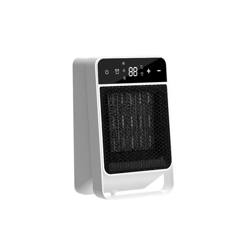 Black desktop electric heater with digital touch screen display and remote control on wooden desk