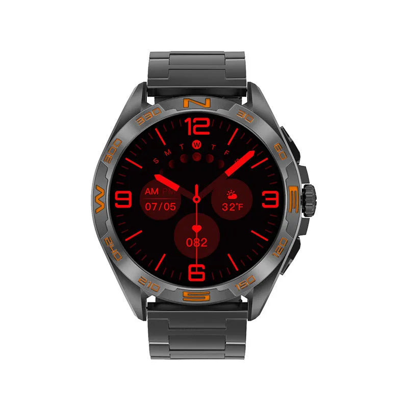 Men's smart watch displaying health stats on IPS screen, in black steel finish with metal strap.