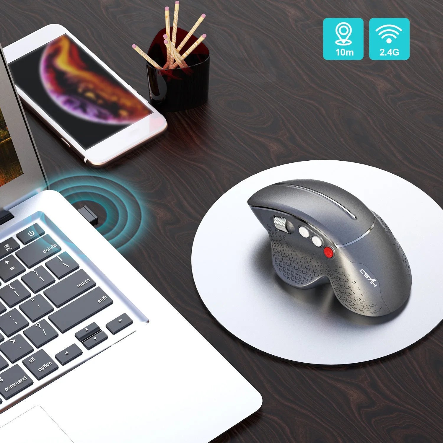 T32 Wireless Vertical Ergonomic Mouse in black or silver showing side roller and vertical design.