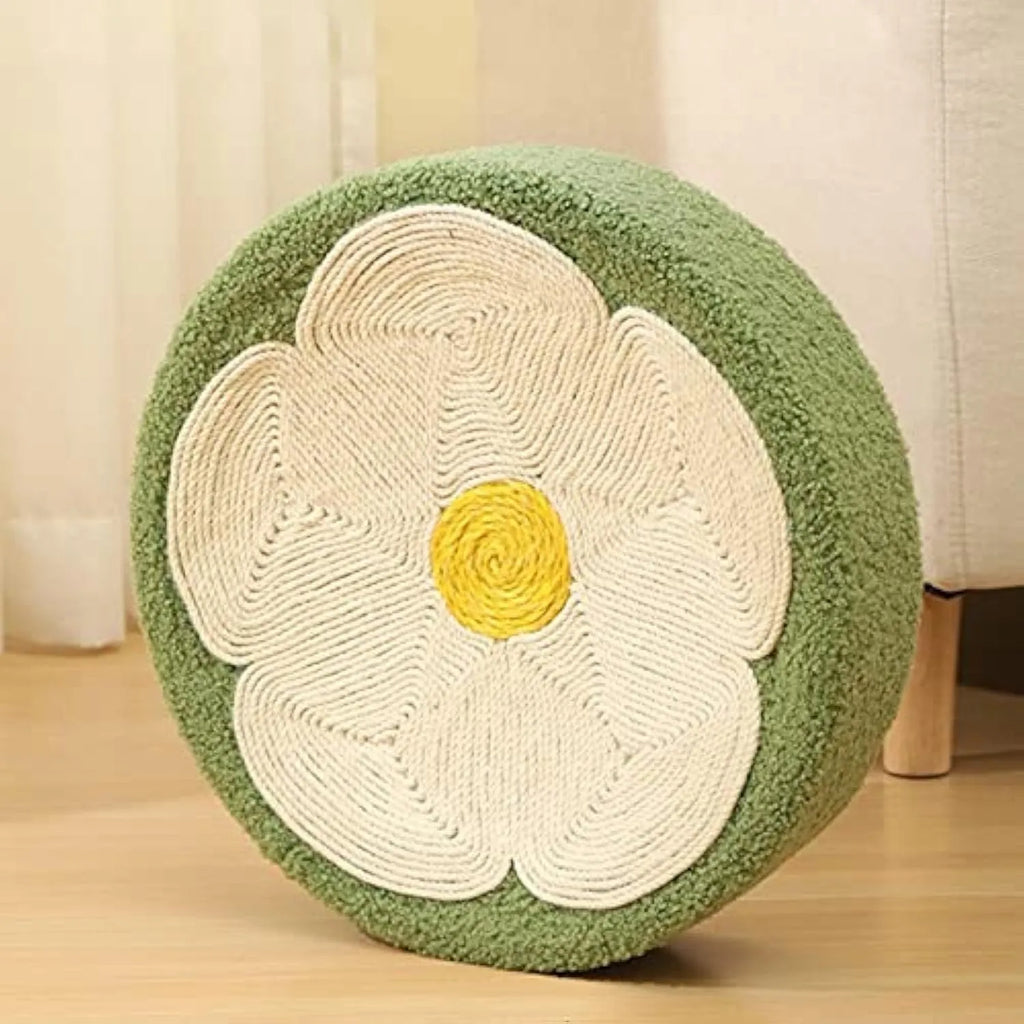 Green round sisal cat scratcher bowl lounge bed with a deep bowl shape for scratching and sleeping.