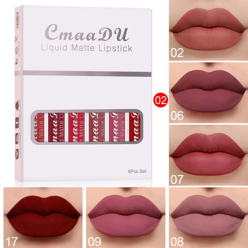 Set of six boxes of matte waterproof long lasting lip gloss with multivitamins