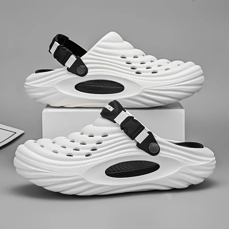 Men's casual platform slippers in light green with hollow-out detail on EVA upper