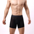Men's lace mesh boxer shorts in geometric pattern showing low waist design