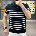 Men's black and white striped lapel collar knitted T-shirt pullover on hanger
