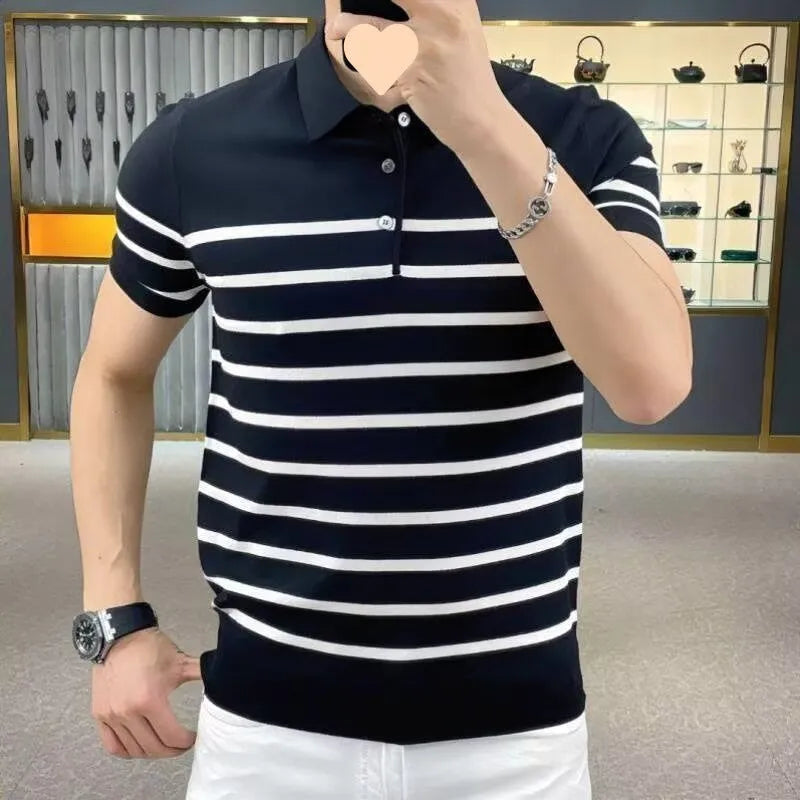 Men's black and white striped lapel collar knitted T-shirt pullover on hanger