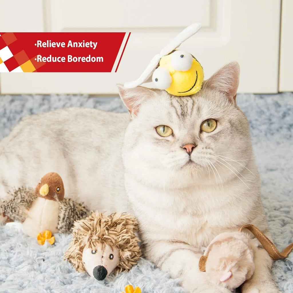 Yellow bee-shaped electronic cat toy with motion-activated squeaking for interactive play