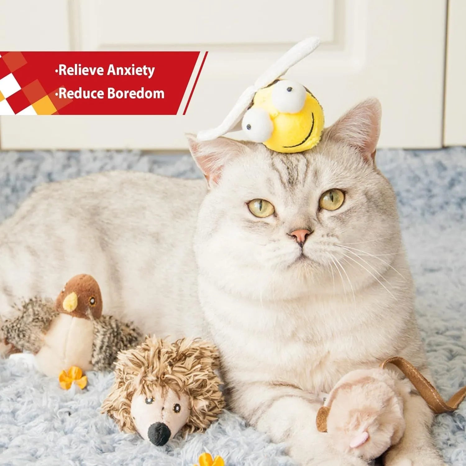 Yellow bee-shaped electronic cat toy with motion-activated squeaking for interactive play