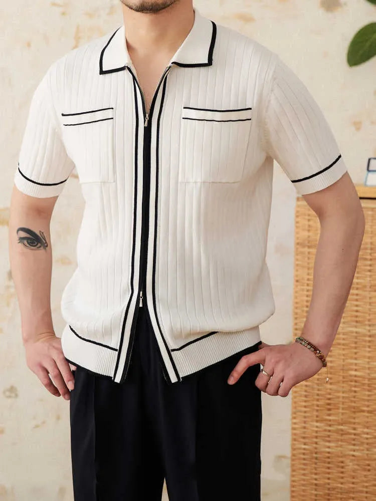 Men's slim-fit short sleeve polo shirt with lapel collar in black or white.