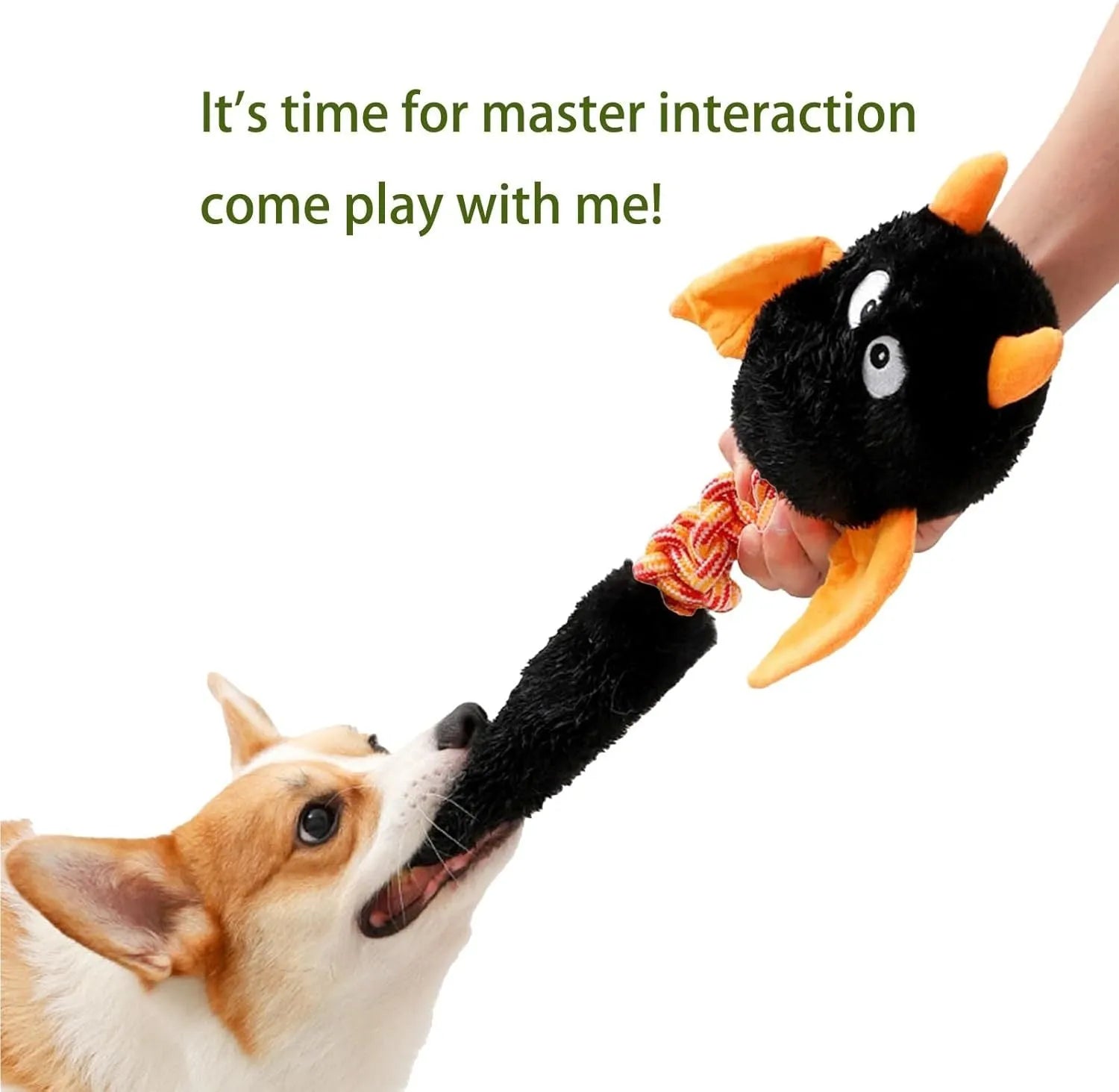 44cm long plush dog toy with squeaker and rope knot in rabbit fleece fabric