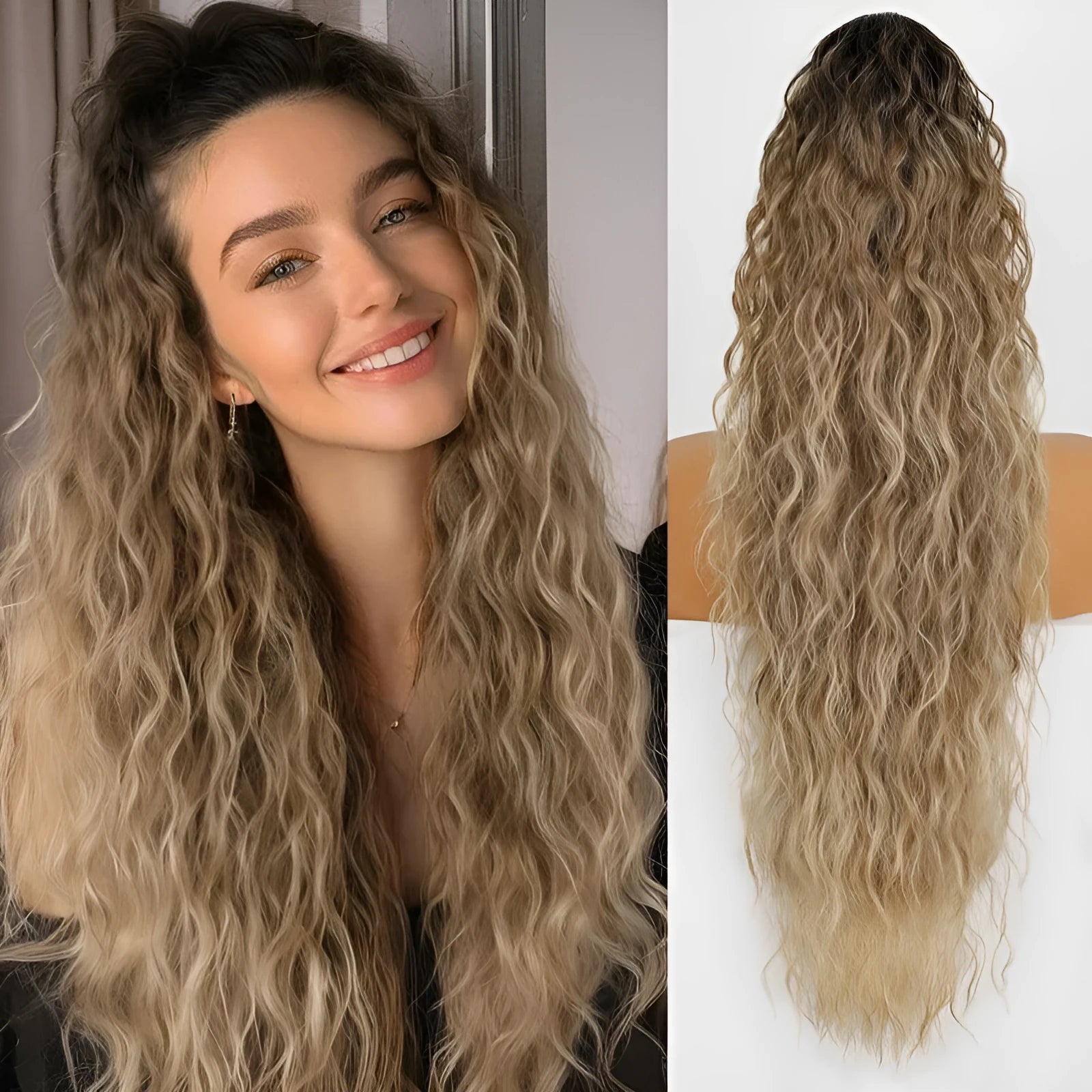 Synthetic curly ponytail wig with grip attachment in 30-inch length on display stand