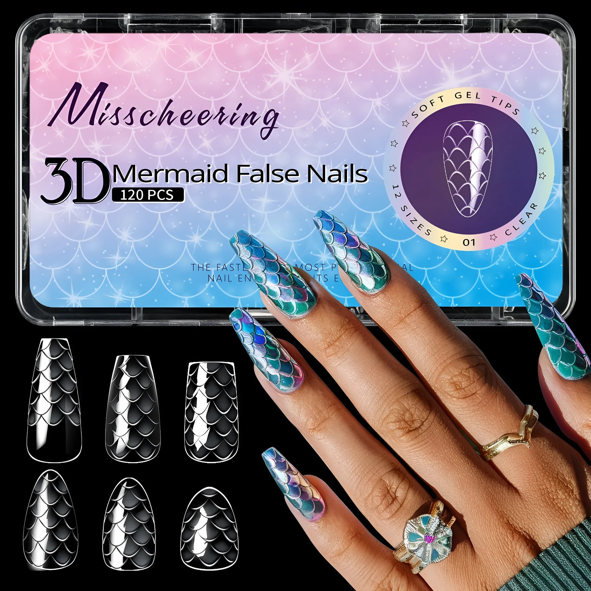 Box of 3D scale long shaping artificial nail tips for manicures.
