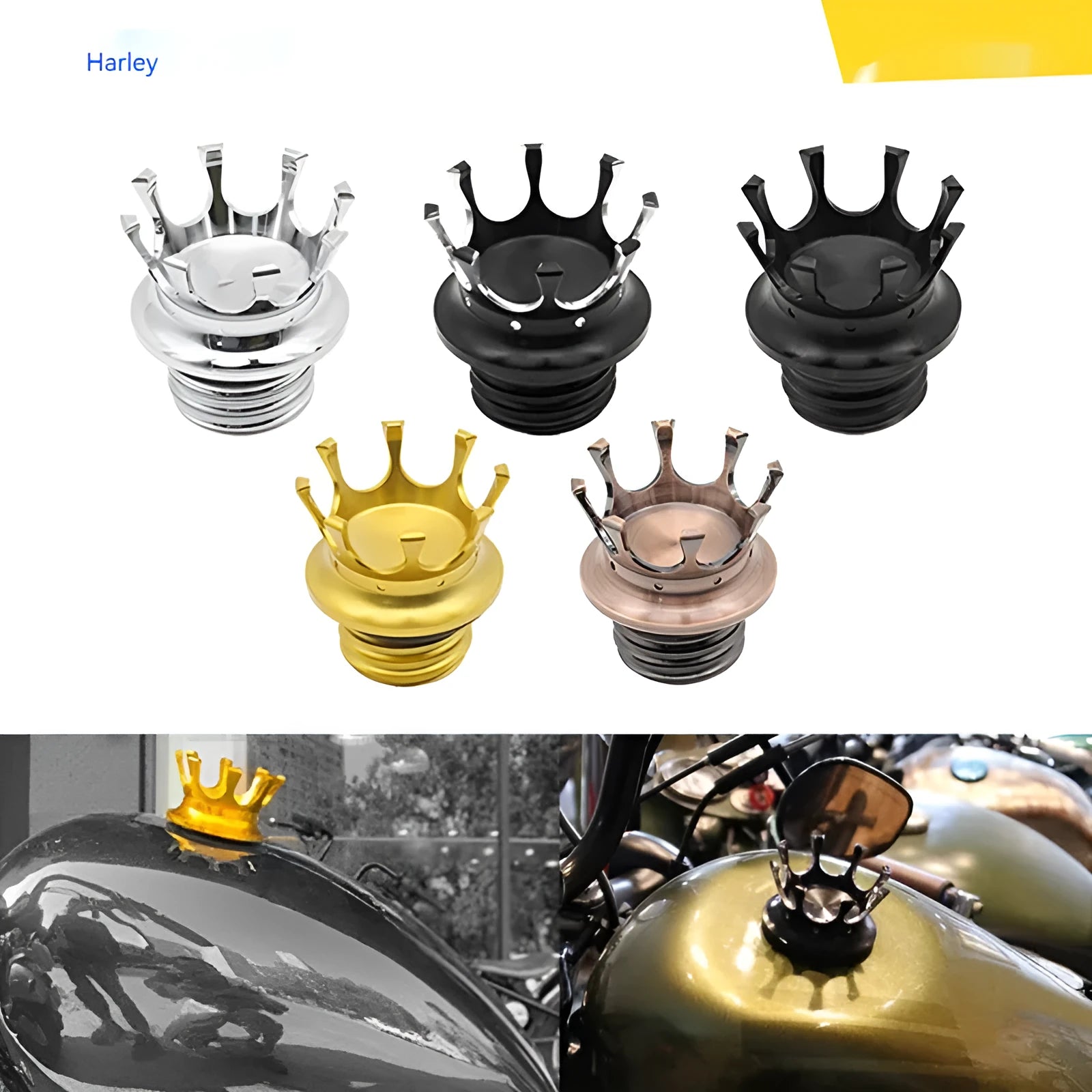 Aluminium alloy motorcycle fuel tank cap for Harley-Davidson Sportster and Soft Tail models in multiple colours.