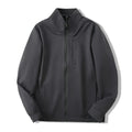 Men's beige stand collar polyester casual jacket with long sleeves and straight hem.