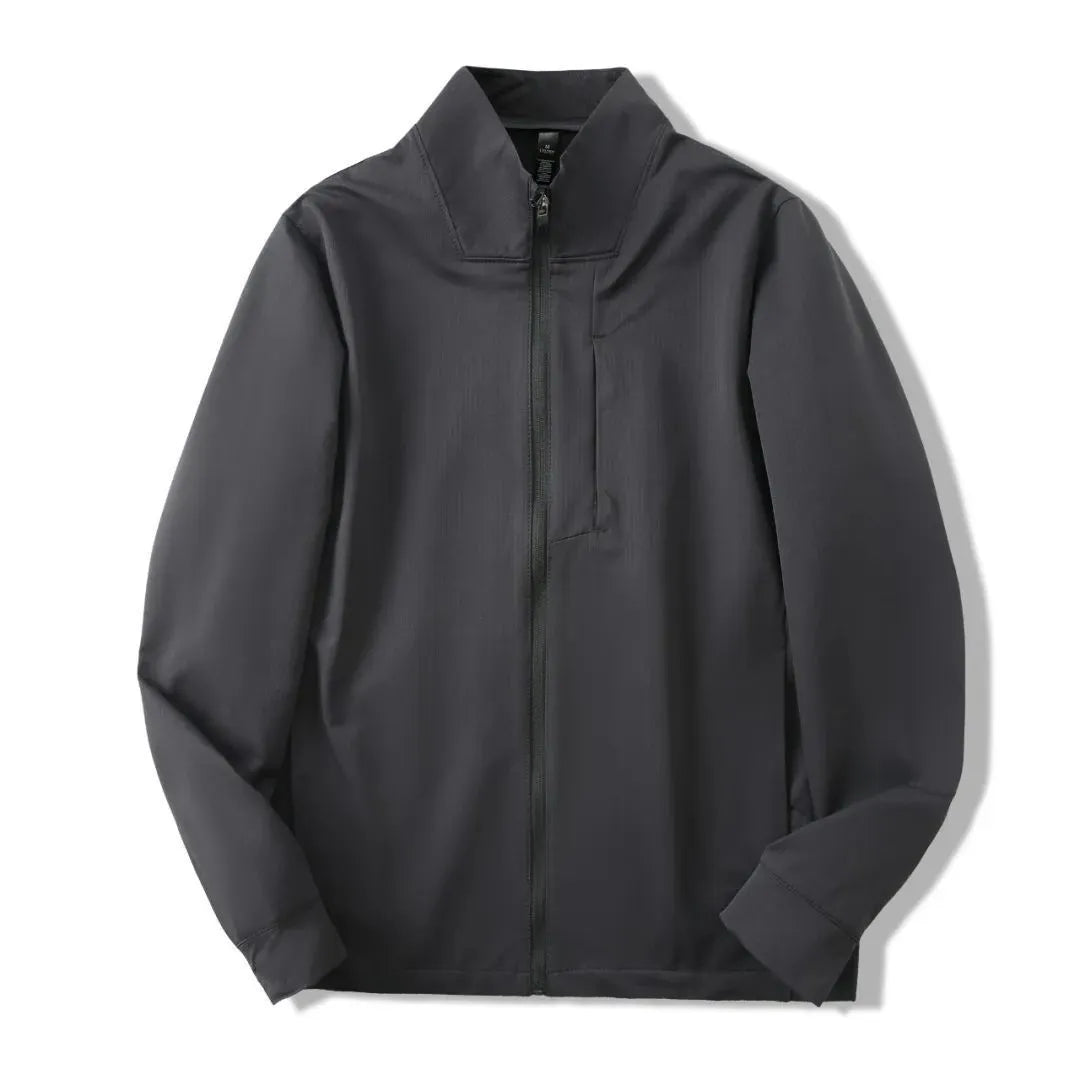 Men's beige stand collar polyester casual jacket with long sleeves and straight hem.
