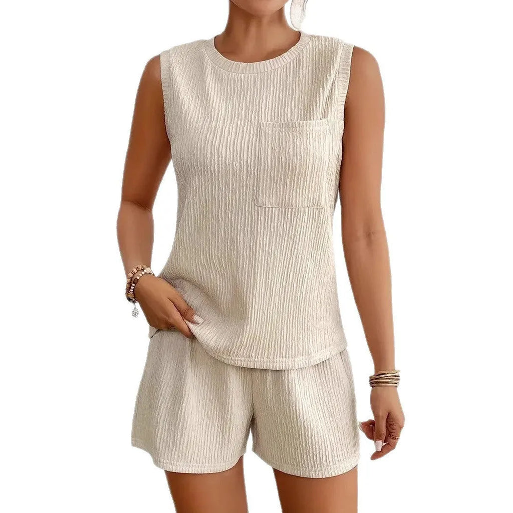 Women's apricot polyester sleeveless vest and matching shorts loungewear set