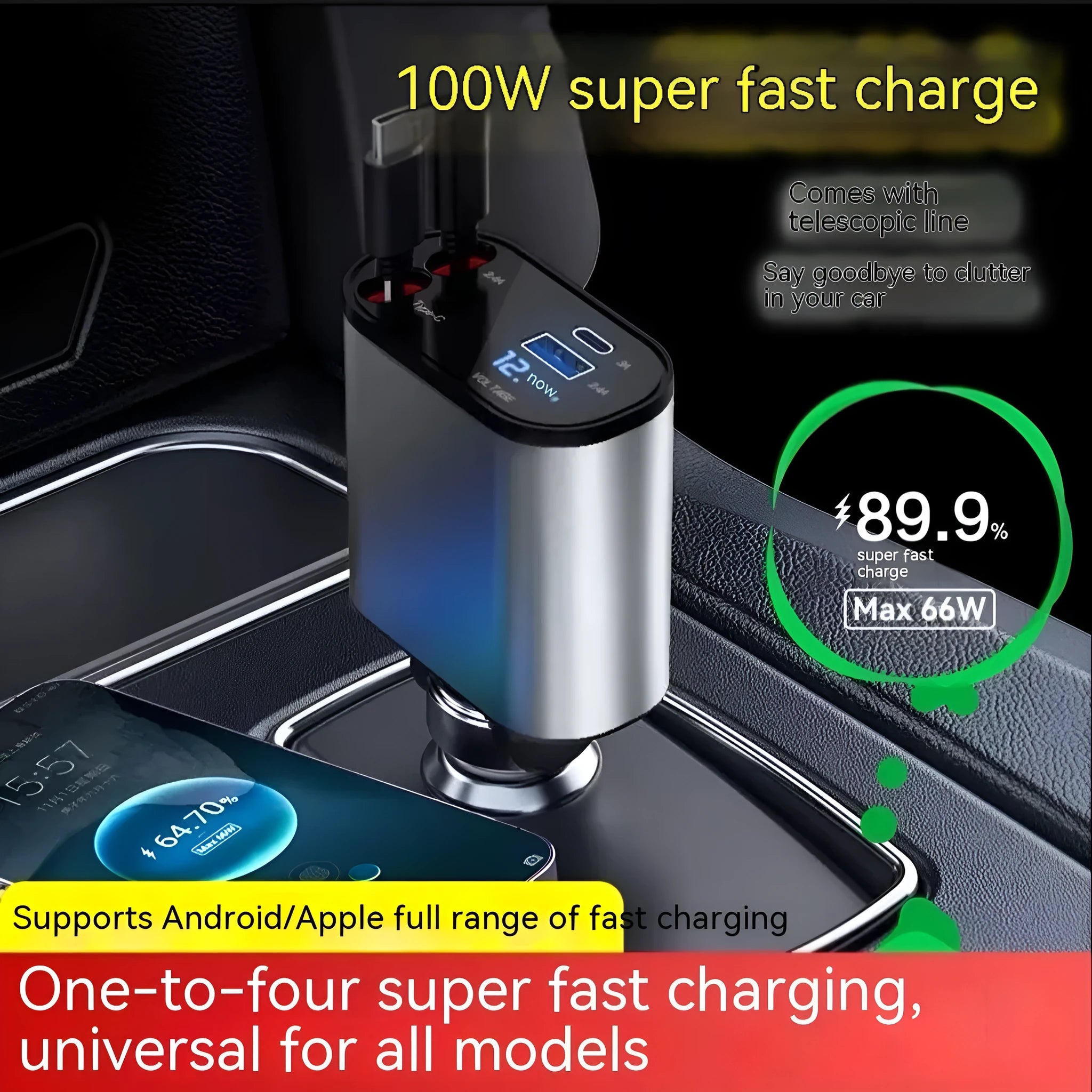 Universal car charger with retractable cable plugged into a car cigarette lighter socket.