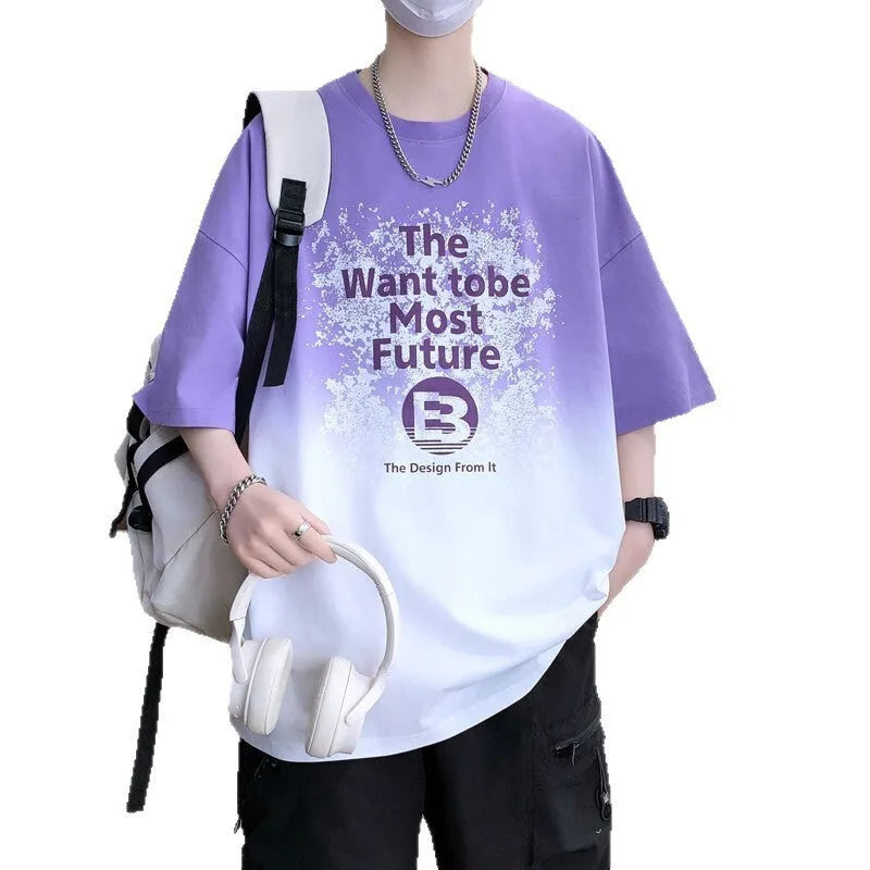 Boys cotton t-shirt with printed text pattern in dark blue colour with drop-shoulder short sleeves