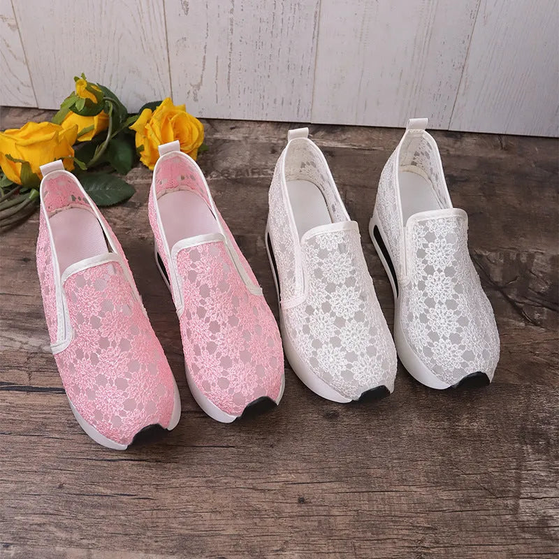 Women's lace mesh flat shoes with inner heightened platform, round toe, satin upper, available in pink and white
