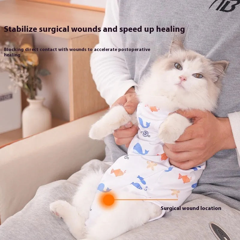 Colourful polyester cat recovery suit with velcro straps for post-sterilisation wound protection.