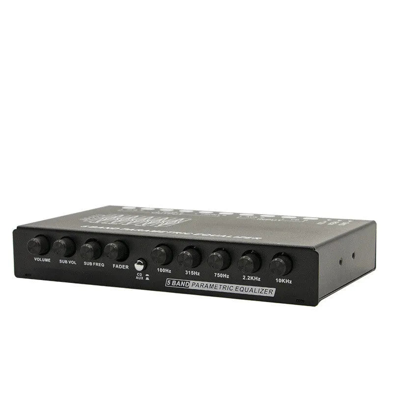 EQ5 Black car audio equaliser unit with front panel controls for six-channel output and seven-band frequency adjustment