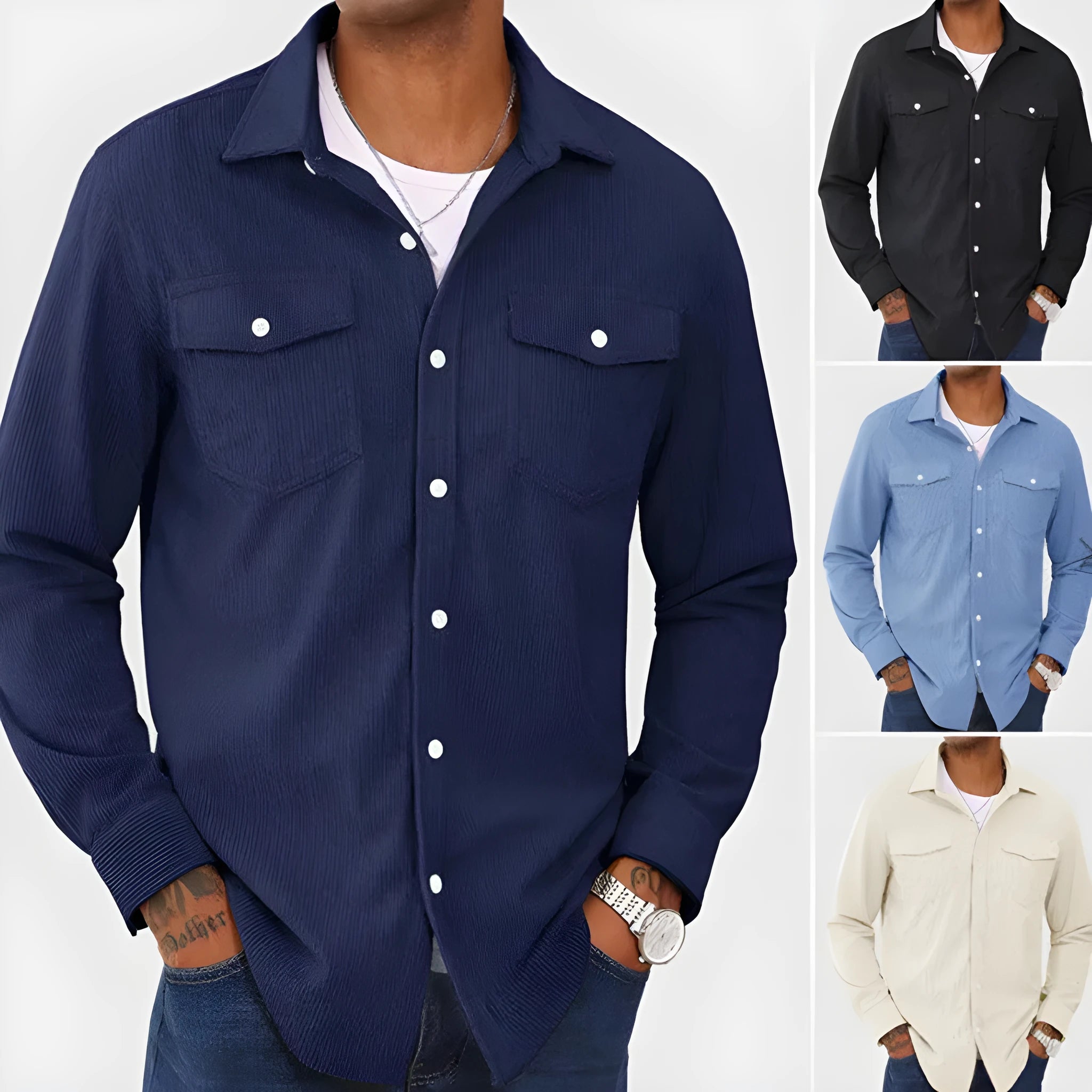 Men's corduroy cardigan shirt in solid colour, long sleeves, regular fit, available in black, sky blue, navy blue, milky white