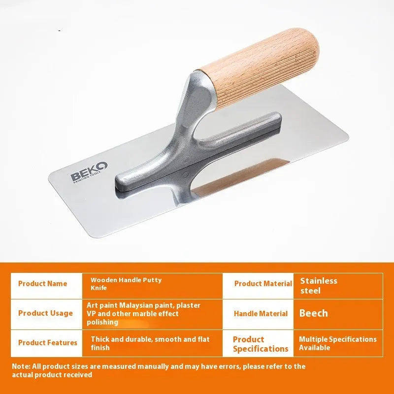 Stainless steel putty scraper with wooden handle for floor and wall plastering work