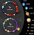 Twelve zodiac sign natural stone beaded bracelet set with two bracelets showing astrology designs