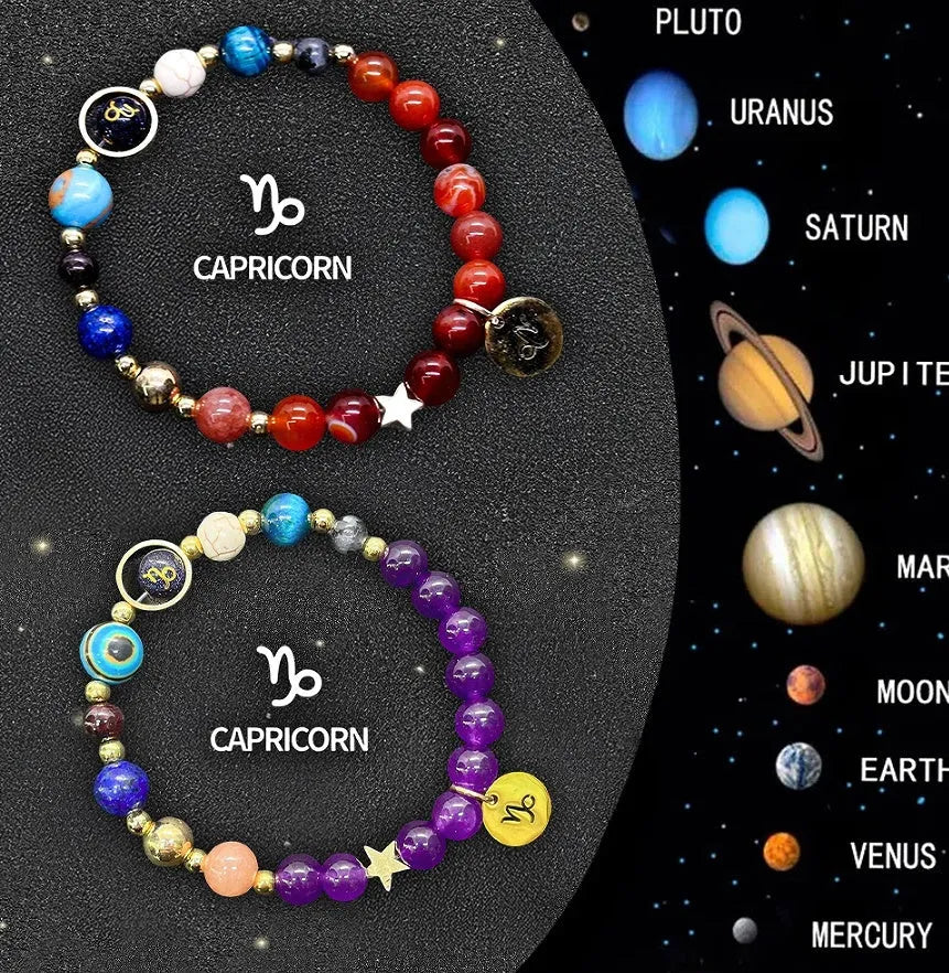 Twelve zodiac sign natural stone beaded bracelet set with two bracelets showing astrology designs