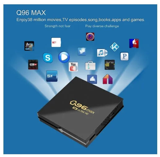 Q96 MAX S905 Android 4K TV Box set-top unit with remote control and cables on a black background.
