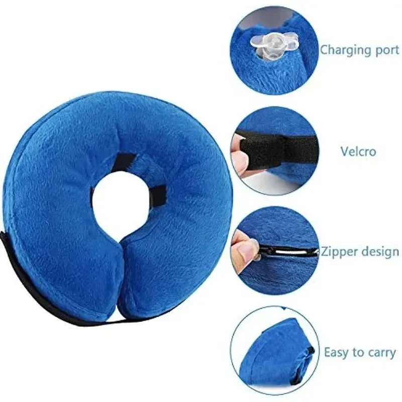 Blue inflatable pet recovery collar shown beside size chart with five measurement options