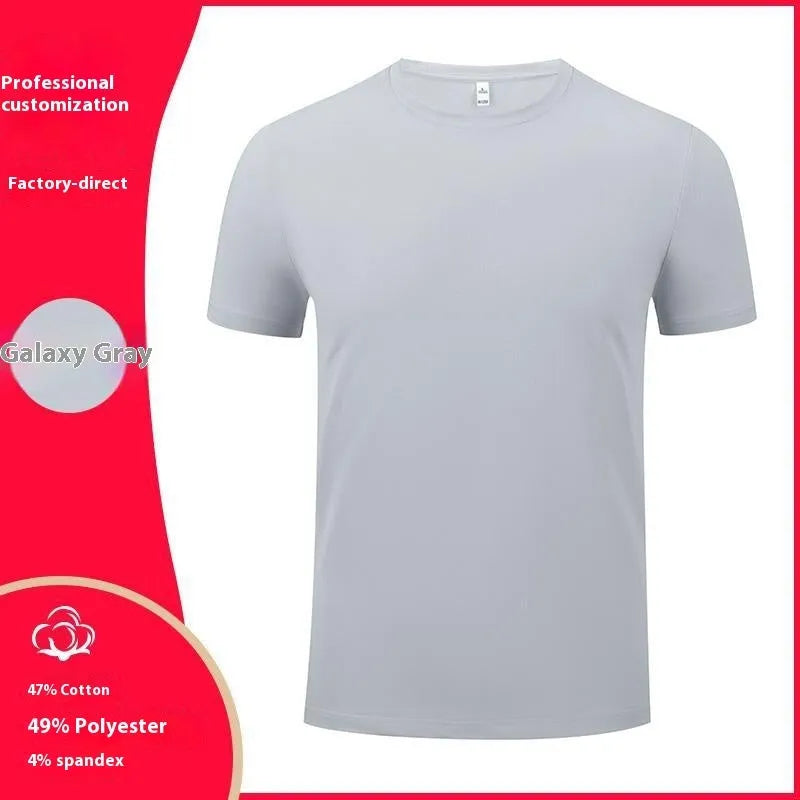 A straight-fit round neck short sleeve T-shirt on a hanger, available in multiple solid colours.