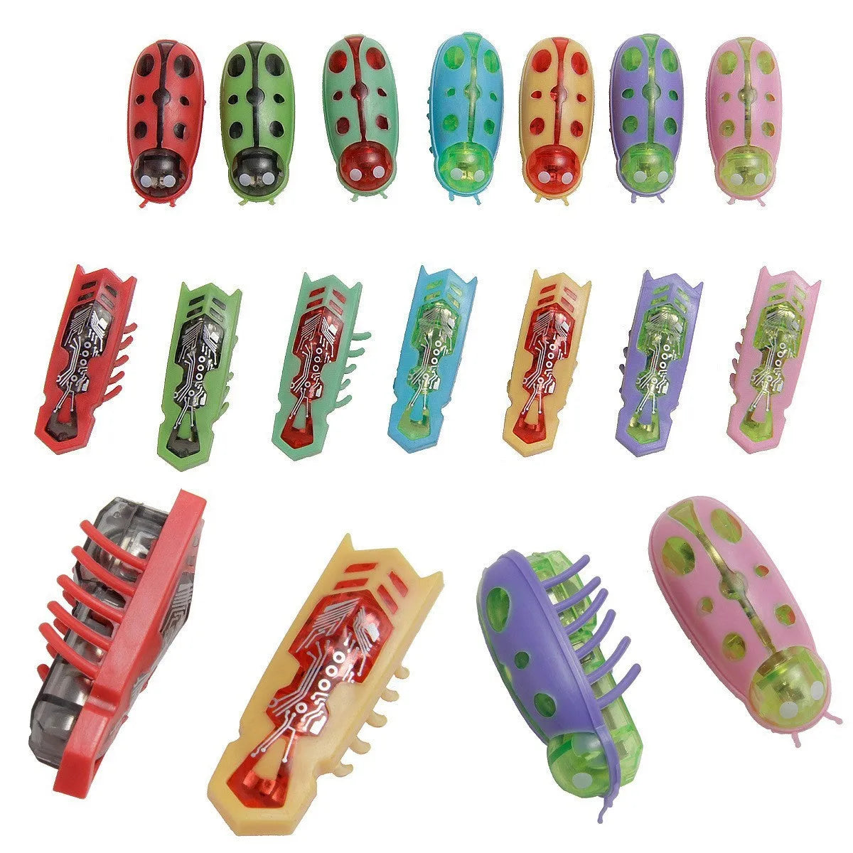 Electric jumping insect cat teaser toy in ladybug and iron cow designs, showing red, green, and purple colour options.
