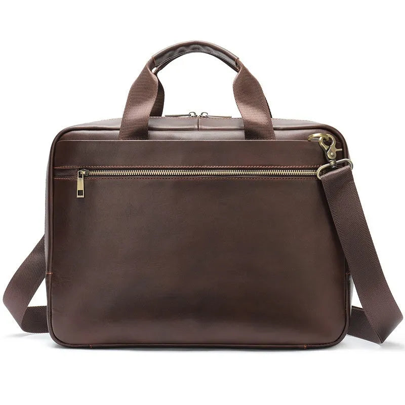Genuine leather large capacity horizontal briefcase for men in black with sewing line detailing, first layer cowhide