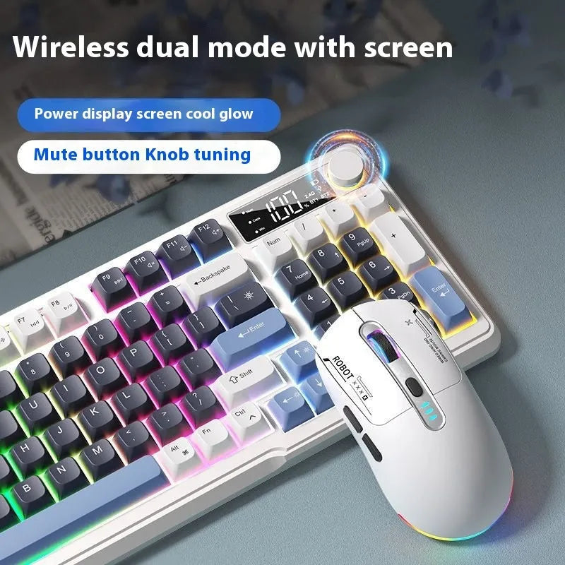 Blue and white wireless keyboard and mouse set with ball cap keycaps on a desk